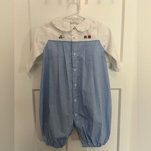 Petit Ami: Boutique Blue & White Button-Up Baby Romper: Size 6 months